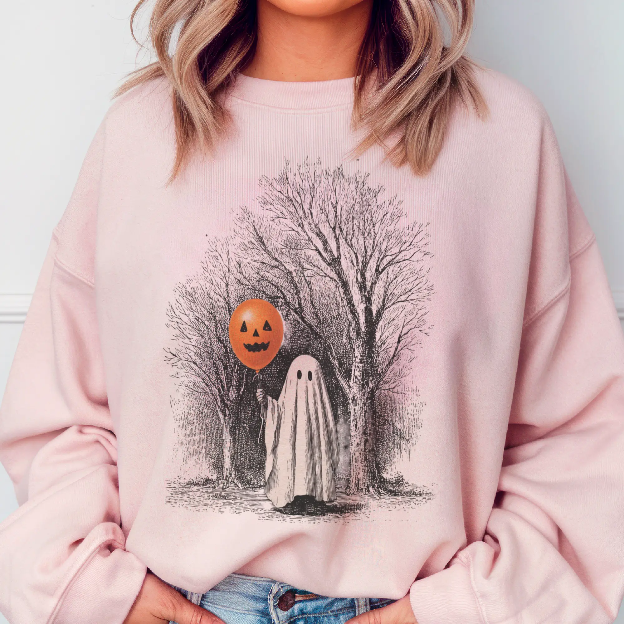 Vintage Halloween Ghost and Pumpkin Graphic Tees and Sweatshirt for Women - Casual Womenswear Crewneck