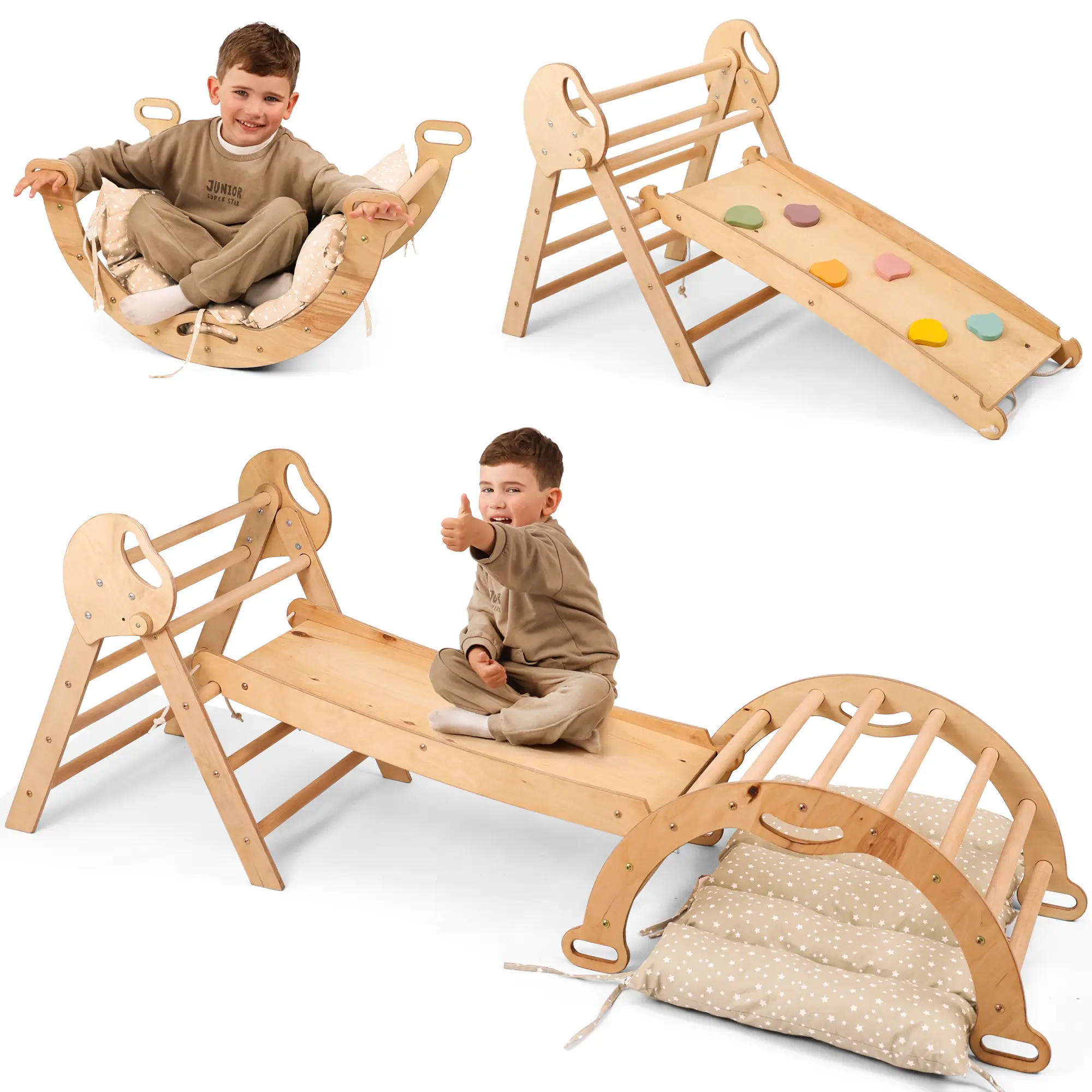 5-in-1 Toddler Climbing Toys Indoor Set Wooden Triangle Arch Balance Cushion Montessori Gym for 1-3 Year Olds Foldable Activity Center Jungle Play Equipment