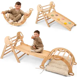 5-in-1 Toddler Climbing Toys Indoor Set Wooden Triangle Arch Balance Cushion Montessori Gym for 1-3 Year Olds Foldable Activity Center Jungle Play Equipment