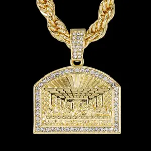 MaxBling81 Men's Unisex Jesus Last Supper Cubic Zirconia Religious Gold Plated Amulet Pendant Necklace, 8mm 24in Thick Rope Chain, High-Quality Polished Fashionable Jewelry Accessories, Men's Accessories Daily Wear Gift (8076)