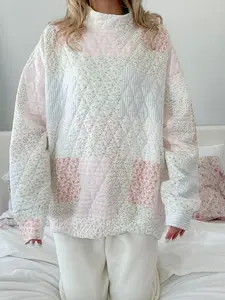 Sunkissedcoconut Quilted Pastel Mockneck Sweatshirt - Oversized Fit Long Sleeve Crew Neck Winter Top for Women & Men