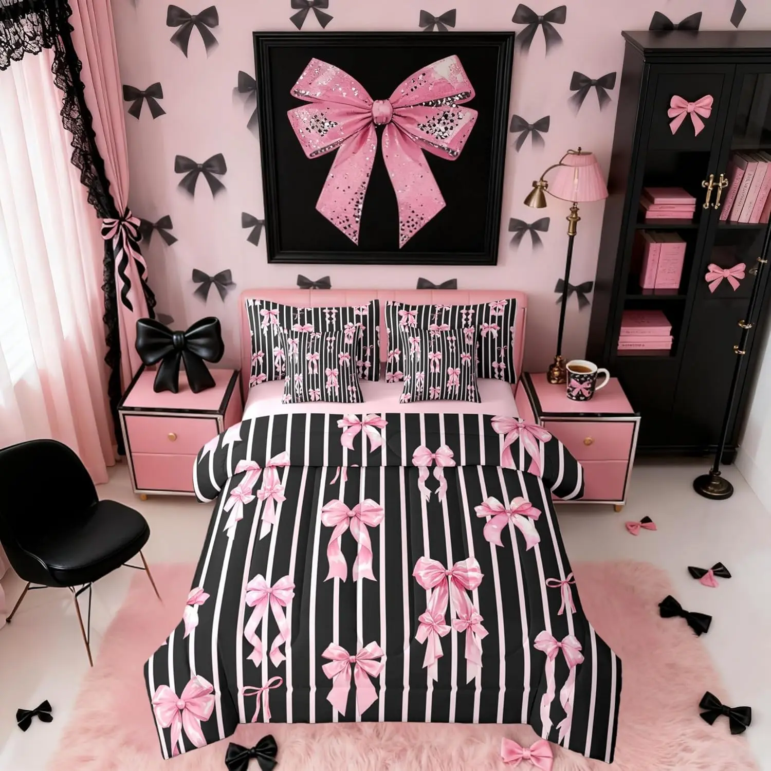 7 Piece Pink Black Ribbon Bows Comforter Set with Sheets Women Cute Bowknot Bed in A Bag,Princess Coquette Bedding Sets Bow Tie Bed Sety Room Decor Aesthetic
