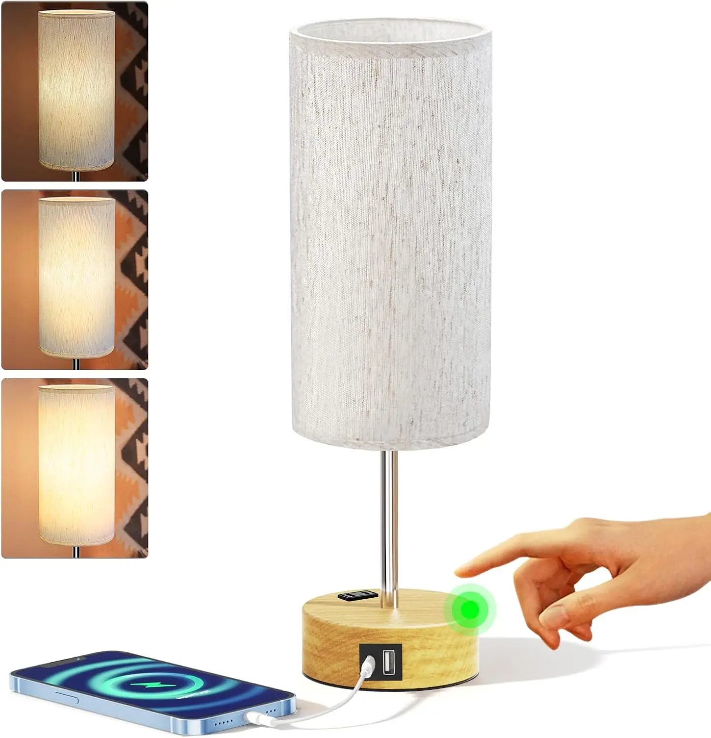 Small Bedside Lamp Touch Control Table Lamp with USB A+C Charging Ports & AC Outlet 3-Way Dimmable Nightstand Lamp with Linen Fabric Shade for Bedroom Living Room