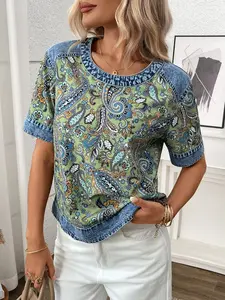 Women's Floral Print Short Sleeve Top, Denim Patchwork Round Neck Casual Everyday Shirt, Loose Boho Style Summer T-Shirt, Comfortable and Stylish