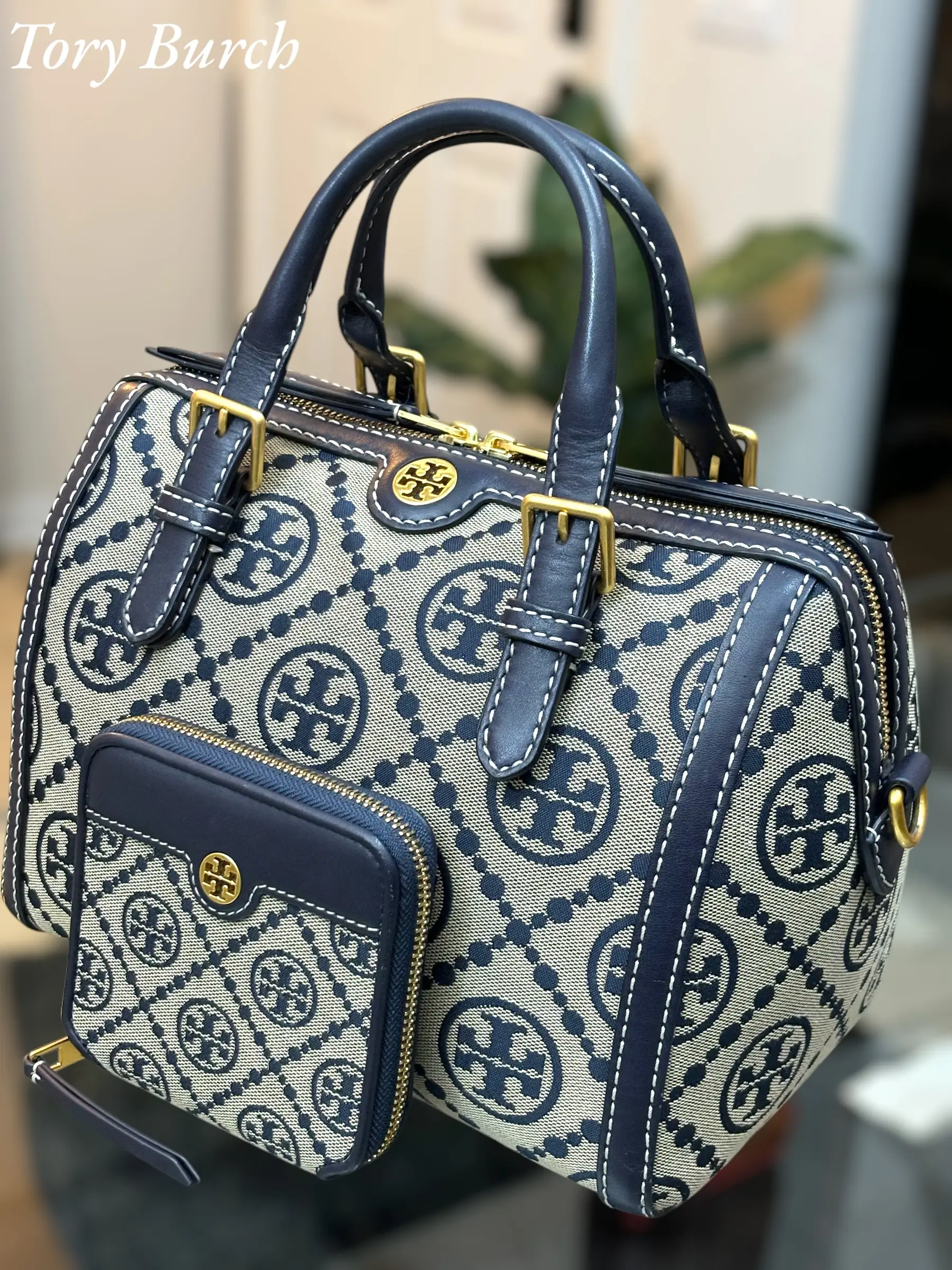 Pre-owned Tory Burch Canvas/Leather Crossbody Bags T Monogram Jacquard Barrel Shoulder Handbag in Navy Blue W/ matching Wallet.