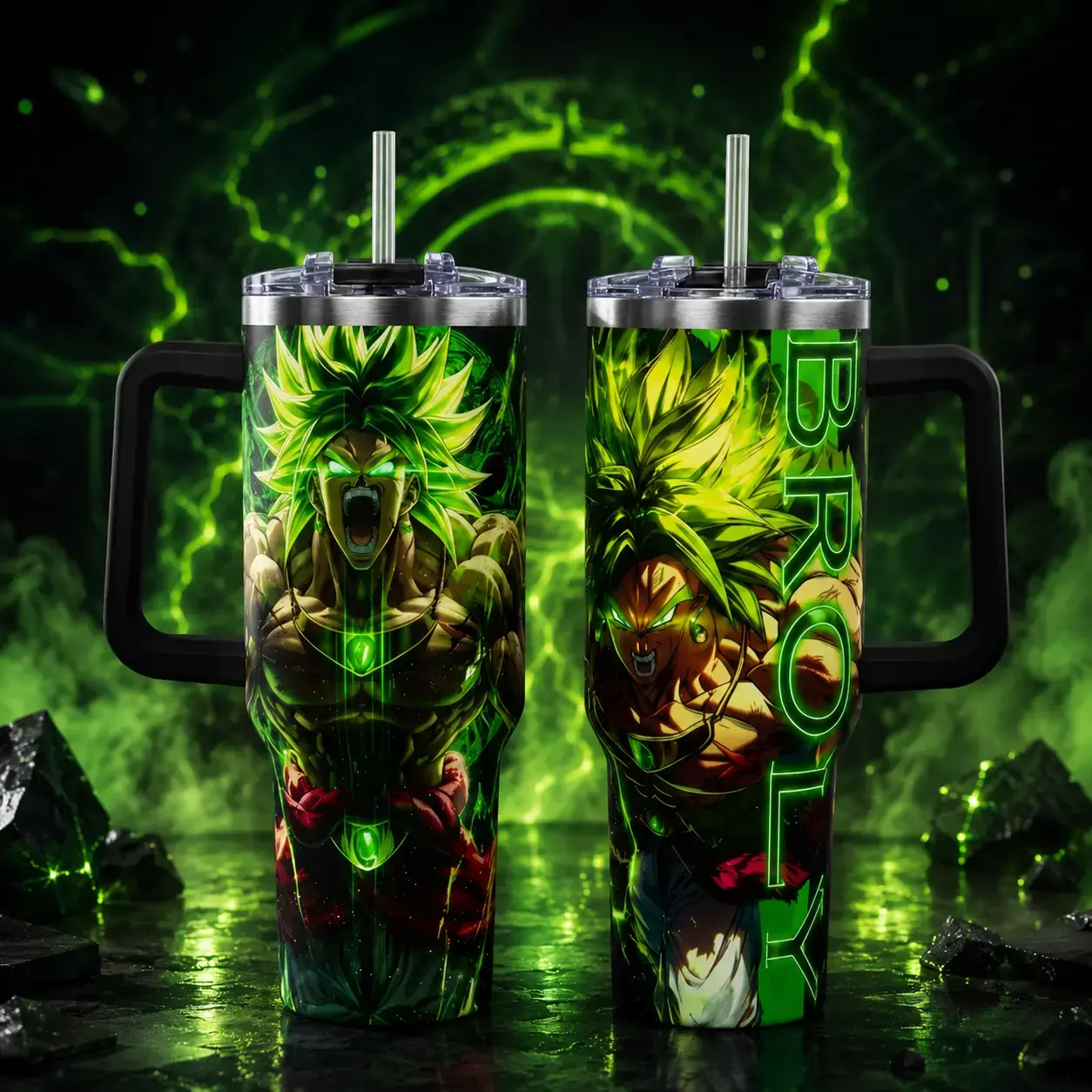 40oz (1200ml) Anime Broly Print Insulated Flask - Stainless Steel Vacuum Flask, Tall Shape, Heat Resistant, Leak-Proof, Portable with Handle, Lid and Straw Cap, Kitchen Drinkware for Anime Fans