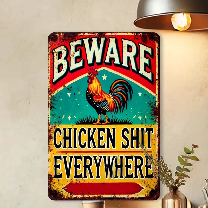8x12 Inch Vintage "Beware Chicken Shit Everywhere" Sign Rustic Wall Decor Metal Plate for Outdoor, Patio, Backyard, Door, Garage, Home, Cafe, Bar, Club, Farmhouse, Garden Wall Art,Funny Farmhouse Wall Decor, Hen House Accessories, Chicken Coop Sign