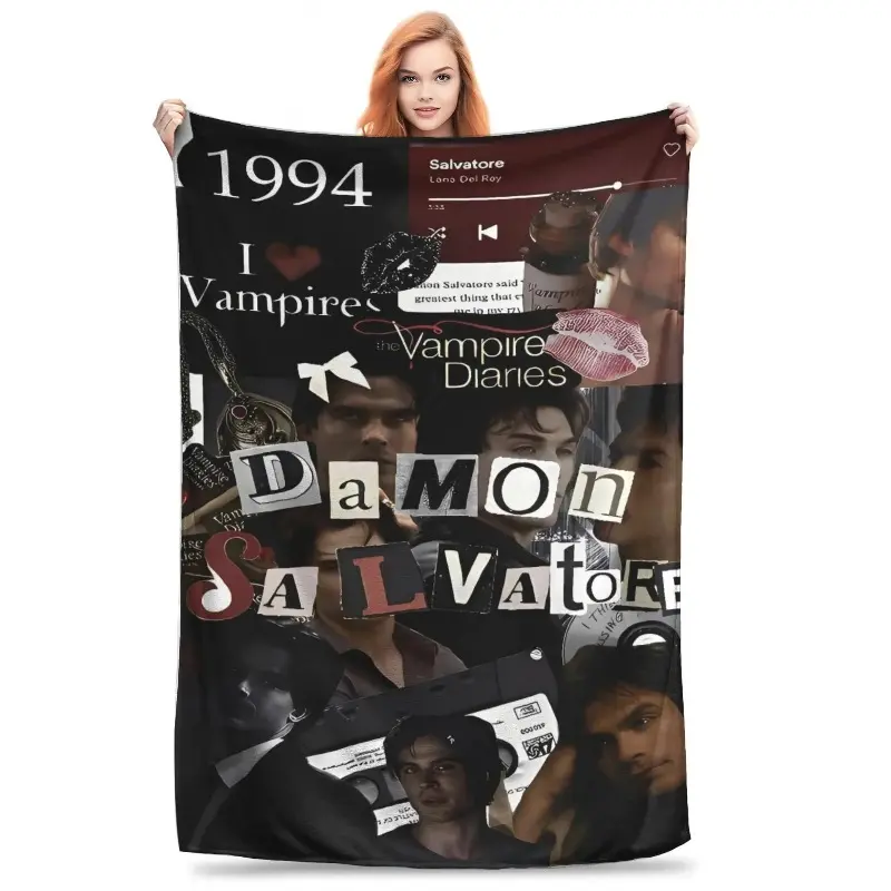 The Vampire Diaries Damon Salvatore Flannel Blanket Winter Soft Bedding Throws for Girls Boys Couch Print Bedspread Sofa Cover Cozy Comfortable Gift summerwins,