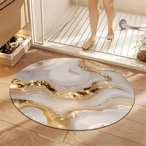 1Pc Modern Abstract Art with Gold and White Patterns Circular Bathroom Mat, Bathroom Decorative Mat, Flannel Non Slip Round Bath Rug, Soft Absorb Water Floor Carpet, Microfiber Memory Foam Cushion