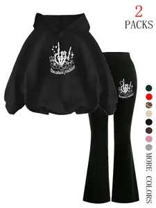 Women's Fall Winter New 2-Piece Set Hooded Sweatshirt + Slim Fit Bell Pants, Casual Skull Hand Print, Kangaroo Pocket, Daily Wear
