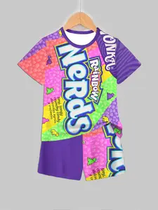 Rainbow Candy Trend Nerds Full-Print Boy Short Set, Vibrant Snack Ip Printed Tee & Shorts Two-Piece, Casual Fitted H-Type, Husky Boy Clothes