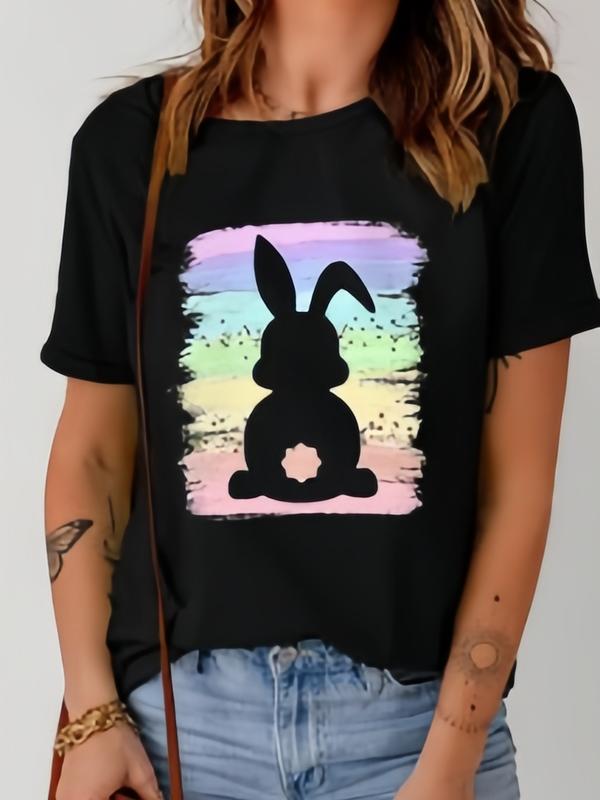Women's Fitted Crew Neck Short Sleeve Rabbit Graphic Soft Cotton Cropped Top - Lightweight Heat Transfer Print Fabric, Casual Style, Black, Sohochic