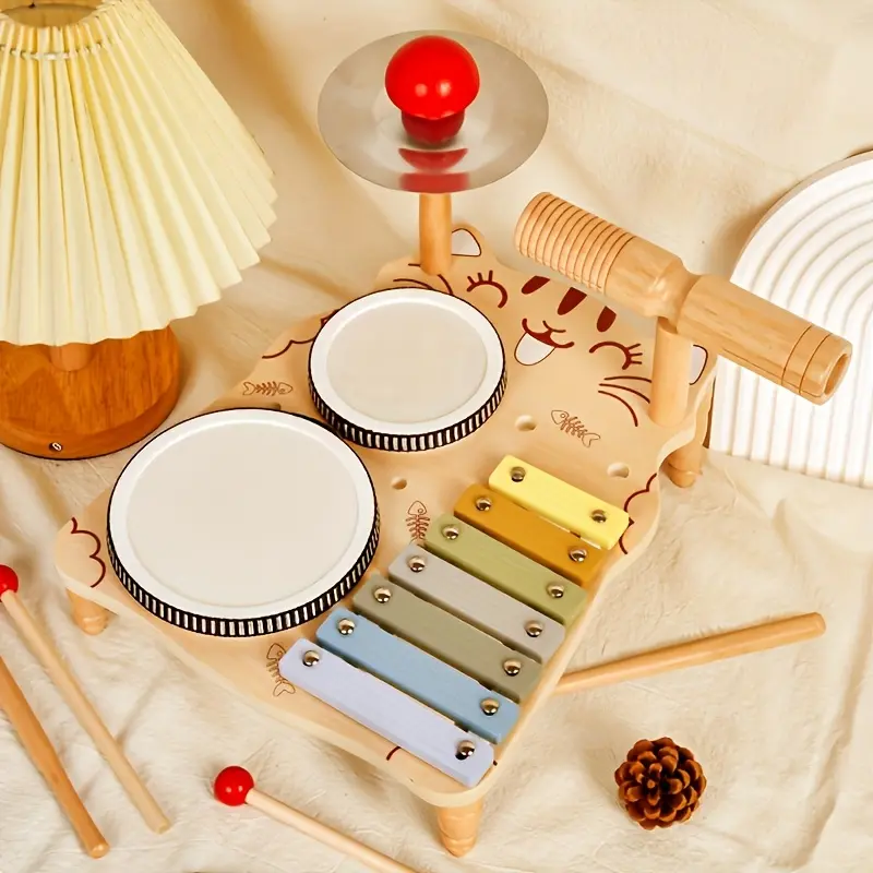Toddler Wooden Kid Drum Set - Natural Percussion Instrument, Sensory Learning Educational Musical Toy, Unisex Toddler Gift