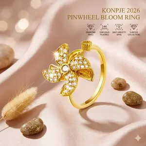 14K Gold Plated Rotating Pinwheel Ring for Women - Anti-Anxiety Fidget Spinner Ring, Adjustable Open Cuff Crystal Four-Leaf Clover Ring, Elegant Luxury Jewelry Gift