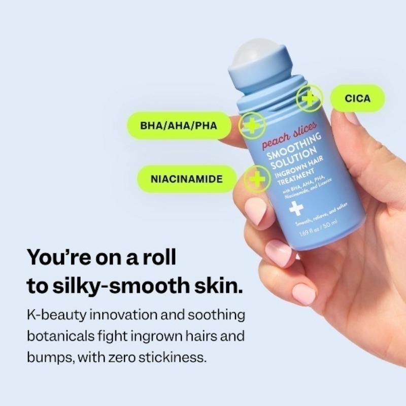 2-Pack Ingrown Hair Roll-On Treatment, Peach Slices Smoothing Solution Exfoliating Serum with BHA, AHA, PHA, Niacinamide & Licorice Extract, Calms Irritation & Smooths Skin Texture, 1.69 fl oz/50ml Each