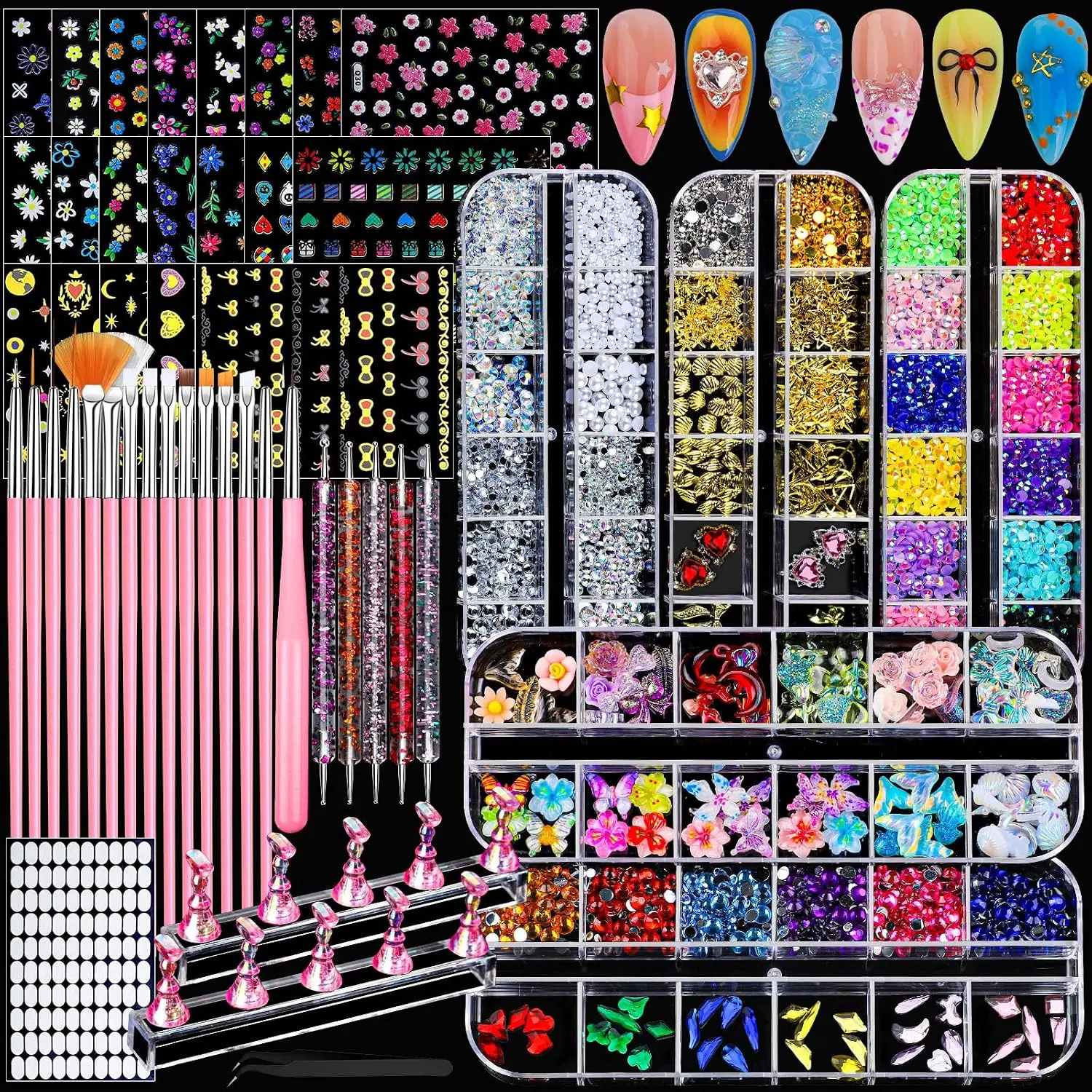 Summer Gift Nail Art Kit, 5 Boxes Nail Charms and Gems for Bedazzling with 2 Set Press On Nail Stand, 20 Sheets Nail Stickers&15 Pink Nail Art Brushes&5 Nail Dotting Tools, Nail Supplies for Nail Design