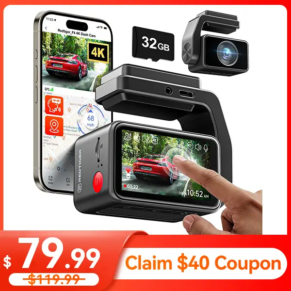 REDTIGER F4 4K Dash Cam Front, 2.2 inch Mini Car Camera, 2160P UHD Touch Screen, Voice Control, Included 32GB Card, Night Vision, Built-in GPS, WiFi A