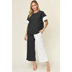 Double Take Full Size Texture Contrast T-Shirt and Wide Leg Pants Set