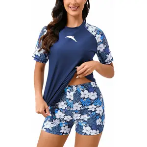 Women's 2-Piece Rash Guard Set - Short-Sleeve UPF 50 Protection Swim Shirt with Board Shorts, Short-Sleeve Shirt