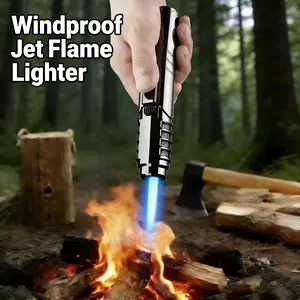 1800°C High-Temperature Windproof Blue Jet Flame Torch Lighter | Refillable Butane Gas Blowtorch, Metal Alloy Body With Adjustable Flame For Welding, Bbq, Camping & Stove Ignition (Butane Not Included), Without Battery