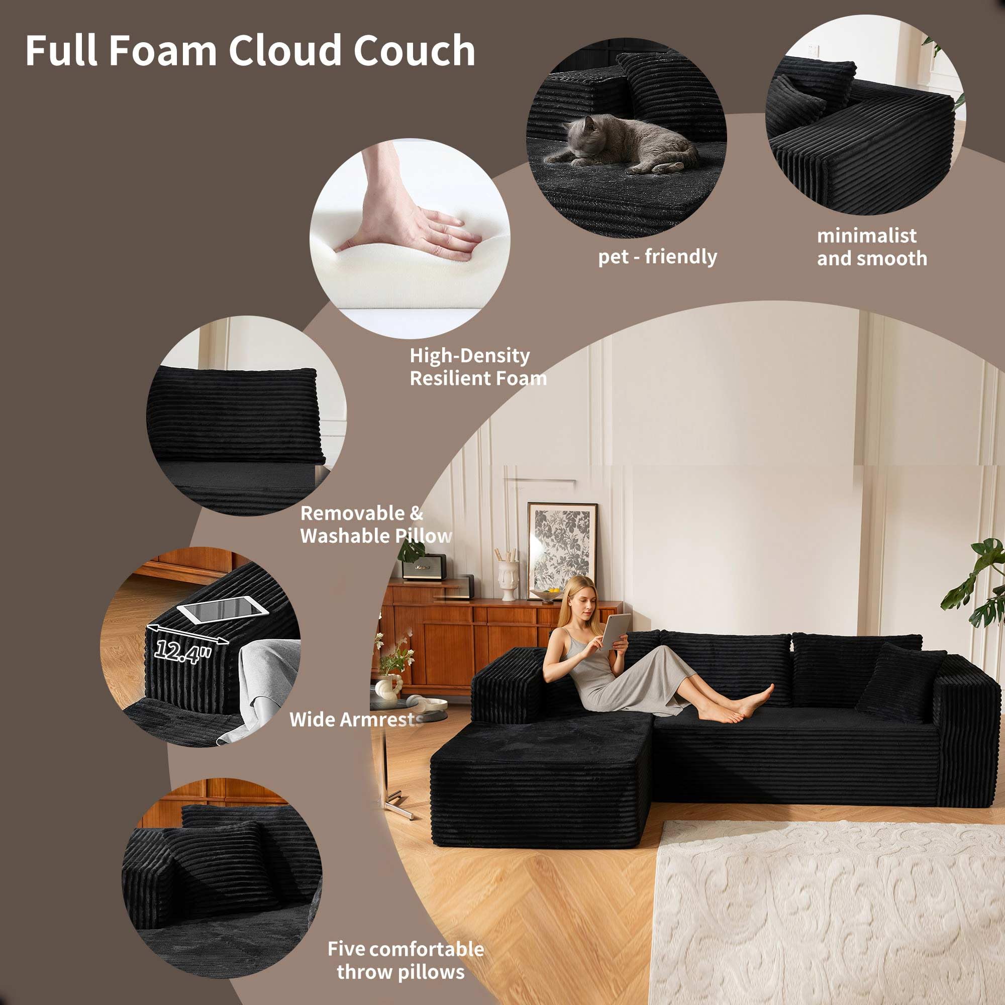 106" L-Shaped Modular Sectional Sofa with Chaise, modern Boneless Comfy soft plush Corduroy Fluffy   Couches  with Deep Seat, Flexible Module Combination for Living Room, No Assembly
