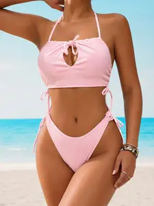 2 Pieces/ Set Light Pink Halter Bikini Beachwear Set Women Ribbed Cut Out Swimsuit Female Two-pieces Tie Side Thong Swimwear Bathing Suit