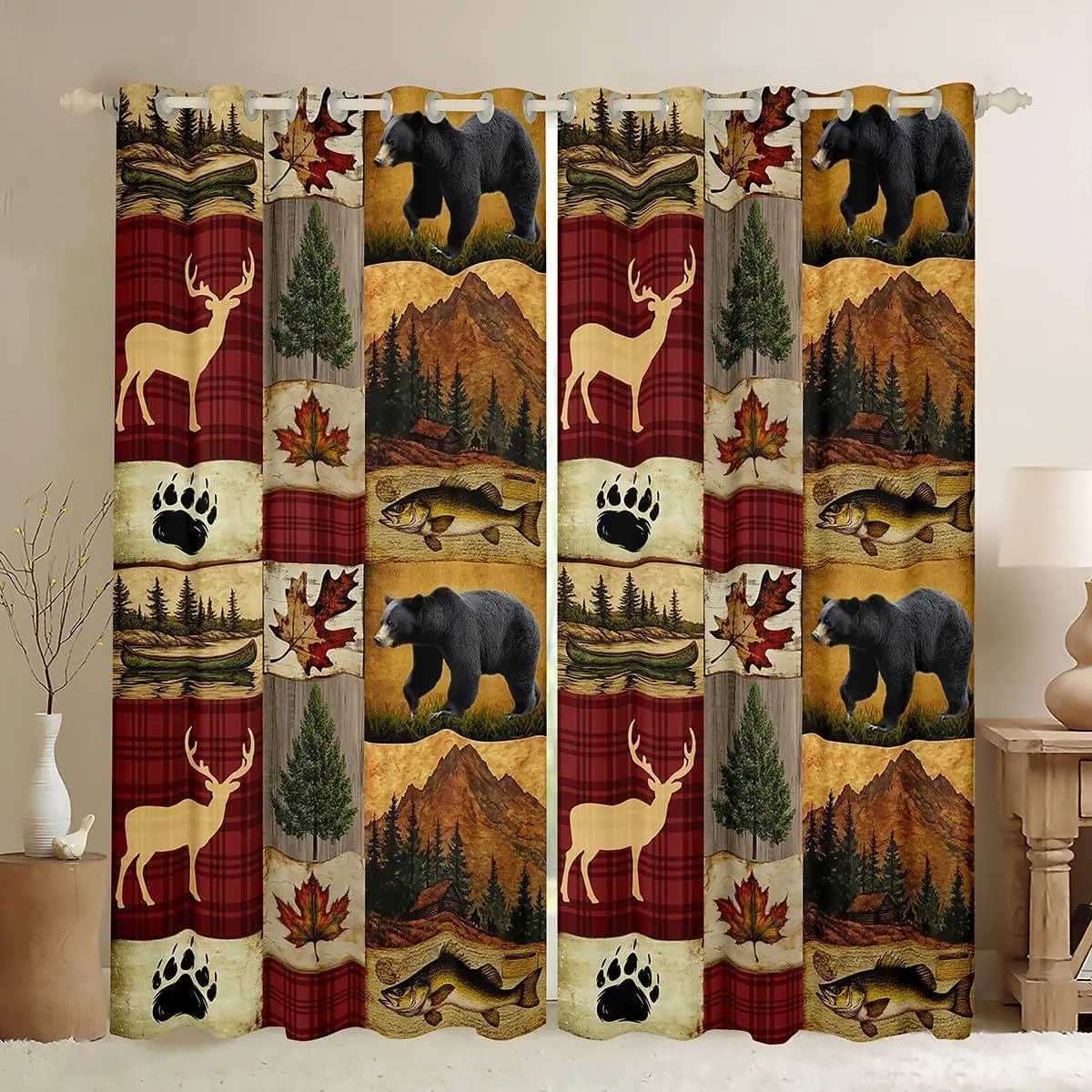Rustic Bear Curtain (2 Panels ) Kids Cabin Deer Blackout Shades for Boys Girls Teens Country Farmhouse Wild Animal Window Drapes Red and Brown Room Darkening Curtain