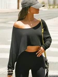 Women's Athleisure Off-Shoulder Oversized T-Shirt. Sexy Loose Crop Long Sleeve Top. Solid Color Basic Versatile Daily Wear Casual Street Style Top, Relaxed Lazy Aesthetic for Commute and Sport Streetwear