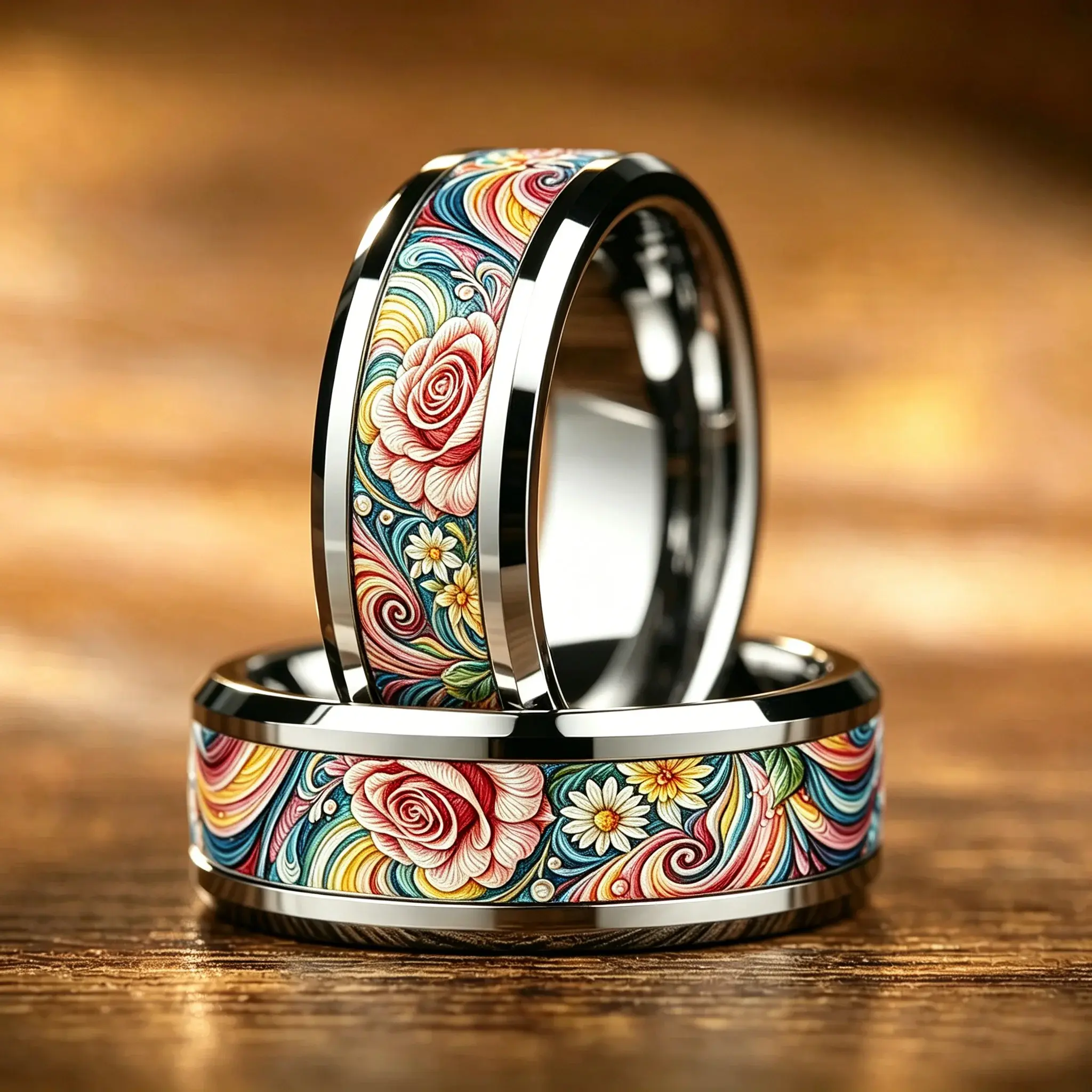 Boho Vintage Colorful Daisy Flower Inlaid Stainless Steel Rings For Women Men High Polished Bevel Edge Wedding Band Jewelry Gift