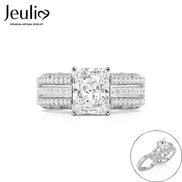 Jeulia Women's 5.2 Carat Radiant Cut CZ Gemstone Fashion Engagement Ring Set, 925 Sterling Silver Female Promise Ring with Side Stones for Adults, Bridal Jewelry Gift