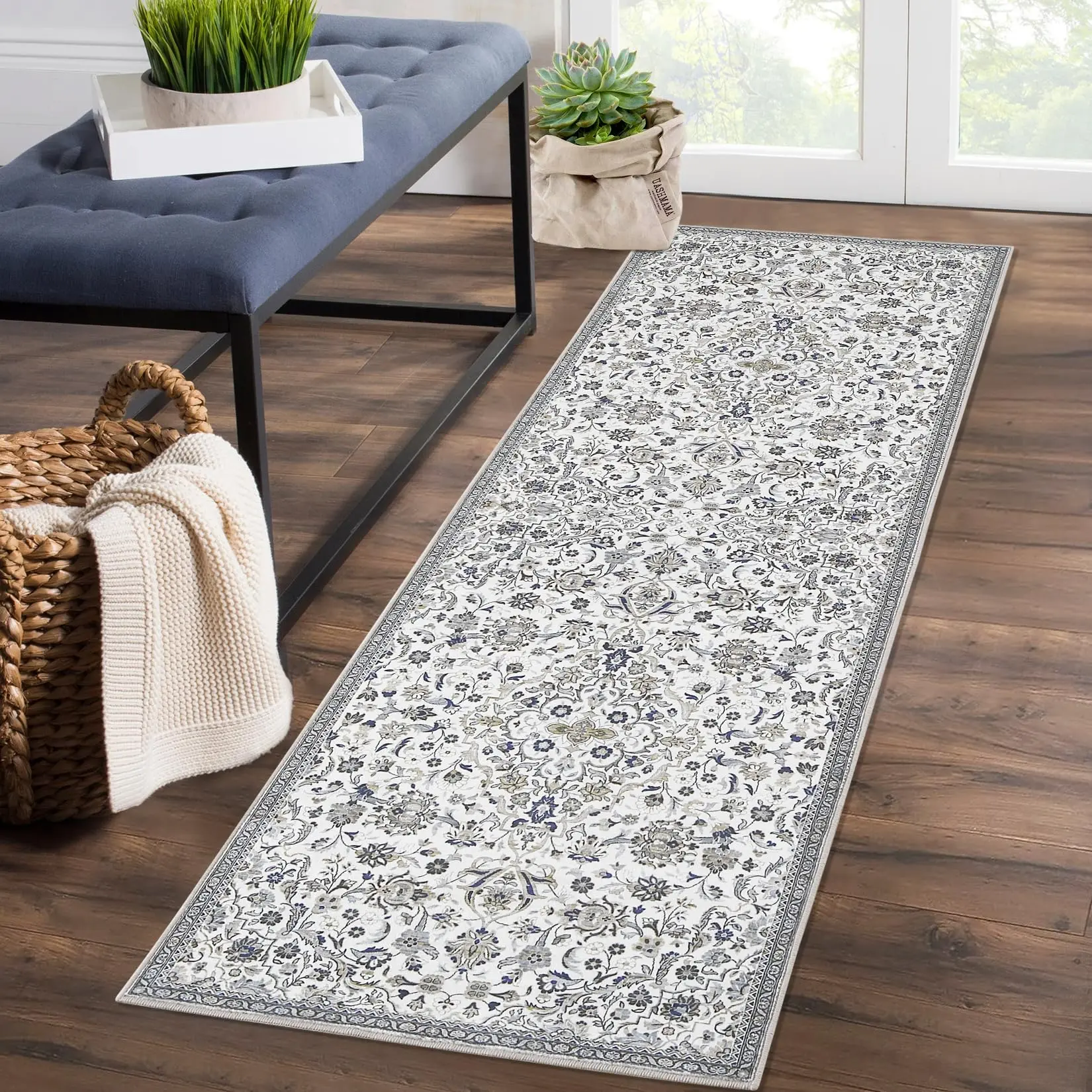 【GARVEE】Vintage Aged Runner Rug, Washable, Stain Resistant, Non-Slip, Oriental Floral Medallion, 2' x 3' (Approximately 61cm x 91cm)