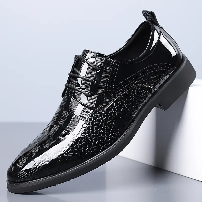Men’s black business-style footwear: crocodile-pattern lace-up Oxford shoes for wedding and formal business wear