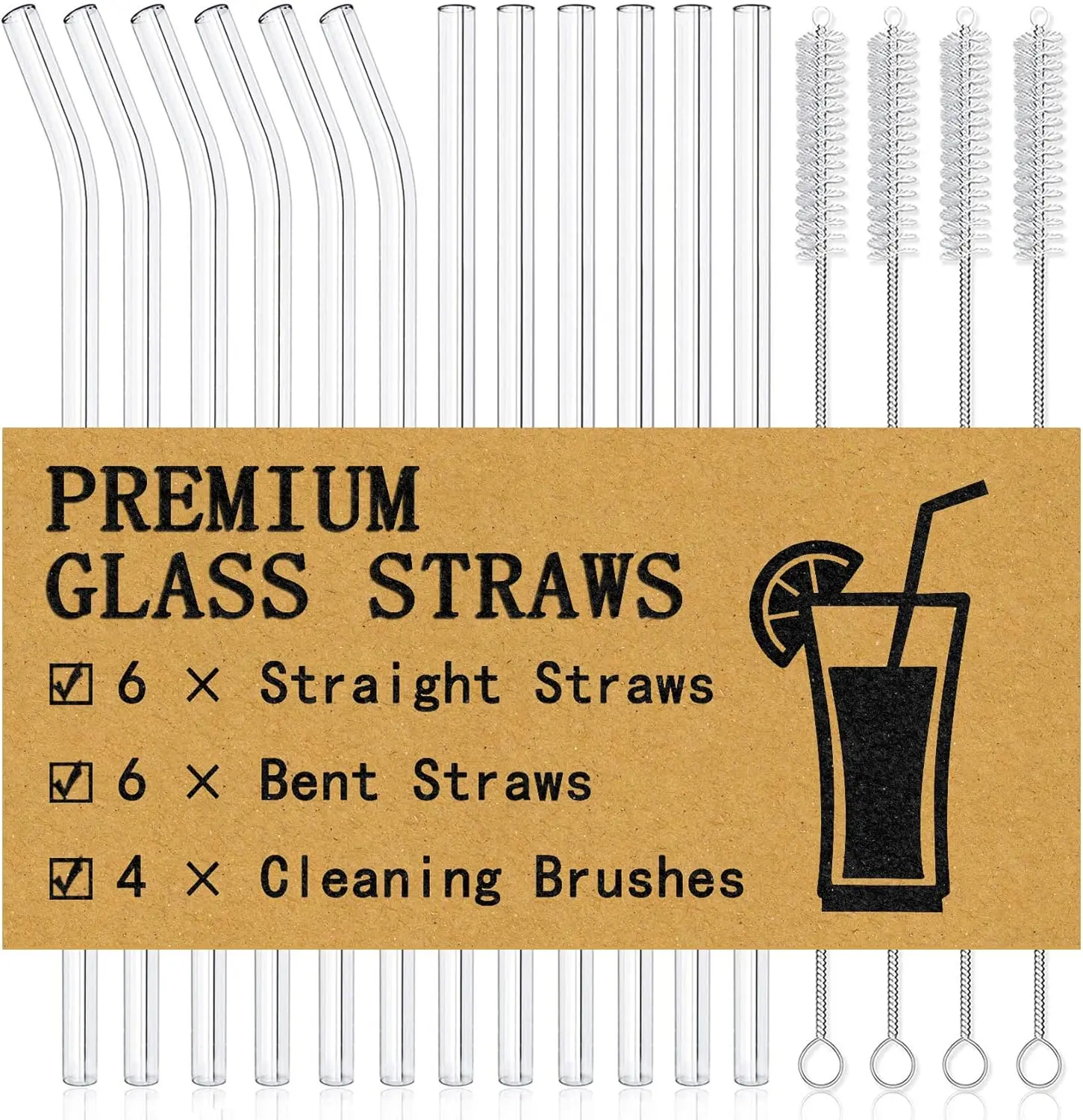 12Pcs Glass Straws with 4Pcs Brushes, Reusable Clear Glass Drinking Straws, 8.5''x10MM, Set of 6 Straight and 6 Bent with 4 Cleaning Brushes, Perfect for Smoothies, Milkshakes, Juice, Tea