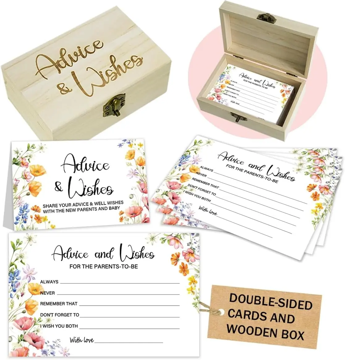 50Pcs Wildflower Baby Shower Advice Cards for Baby Shower Games, Baby in Bloom Advice and Wish Cards Box for New Parents Baby Shower Decorations (Mix)