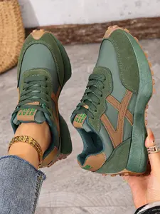 Women's Spring Autumn Colorblock Sport Shoes, Comfortable Breathable Training Sneakers, Thick Sole Anti-Slip Pointed Toe Lace-Up Casual Walking Shoes