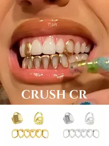 CRUSH CR 18K Gold Plated Open Face Half Grillz Single Tooth Caps Set Hollow-Out Design in Gold Silver Options Perfect for Hip Hop Concerts, Club Nights, Edgy Streetwear, Halloween, for Rappers Trendsetters Versatile Breathable Dental Accessory