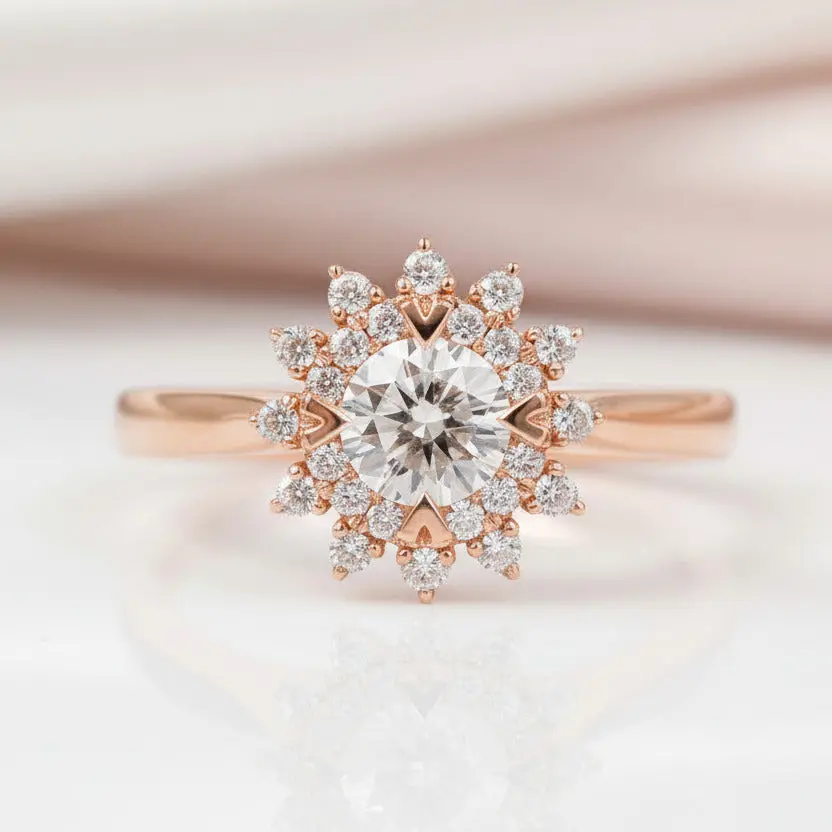 18k Art Deco Round Cut Diamond Option Sunflower Engagement Ring