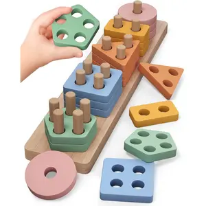 Wooden Sorting and Stacking Toys for Toddlers, Baby Shape Sorter and Color Stacker Blocks for Toddler, Preschool Learning Toy, Gift for 12-18 Month Boys Girls