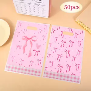 50 Bow Plastic Gift Bags with Plaid Print, Handheld Design, Gift Packaging, Party Gift Packs, Perfect for Girl Party Favors, Birthday Gifts, and Presents