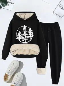 Women's Christmas Hoodie Sweatshirt Set, Womenswear, Fitted Casual Style, Thick Kint Fabric, Fall & Winter Wear, Two-Piece