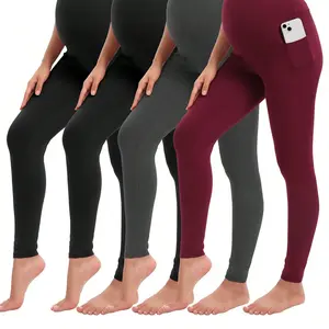 4 Packs Women's Maternity Leggings Over The Belly High Waisted Yoga Workout Pregnancy Pants Activewear For Women in Black Gray and Maroon