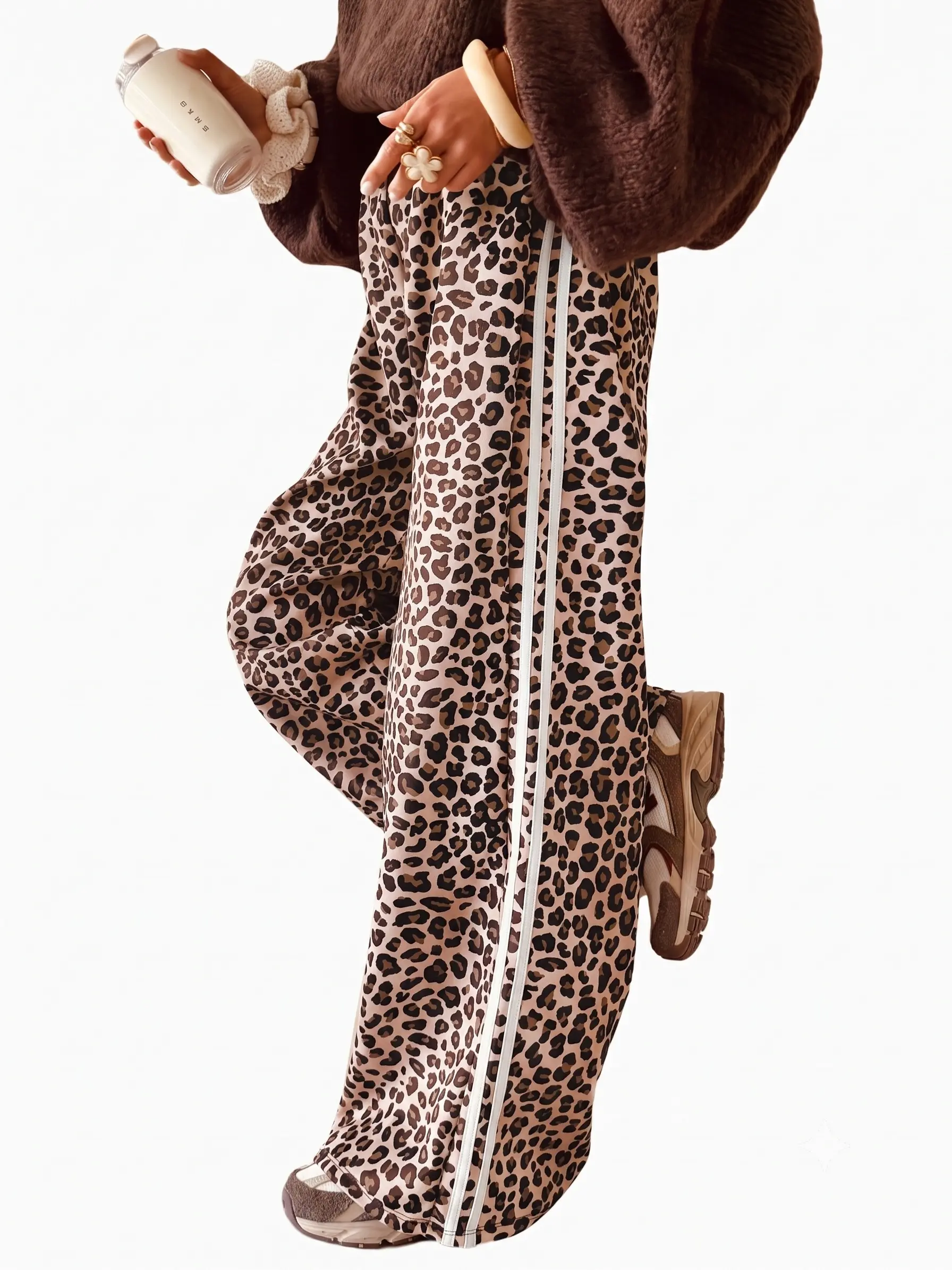 Women's Leopard Print Wide Leg Pants Casual Loose Side Striped Track Pants Baggy Lounge Trousers Y2K Streetwear