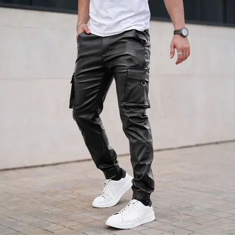 GINGTTO Men's Faux Leather Cargo Pants Casual Multi Pocket Techwear Jogger Streetwear Pants