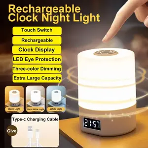 Clock Display Decorative Night Light with Touch Switch, Adjustable 3 Color Temperatures, Portable Eye Protection, USB Rechargeable Ambiance Lamp, Ambient Night Lamp, Dimmable Nightlight