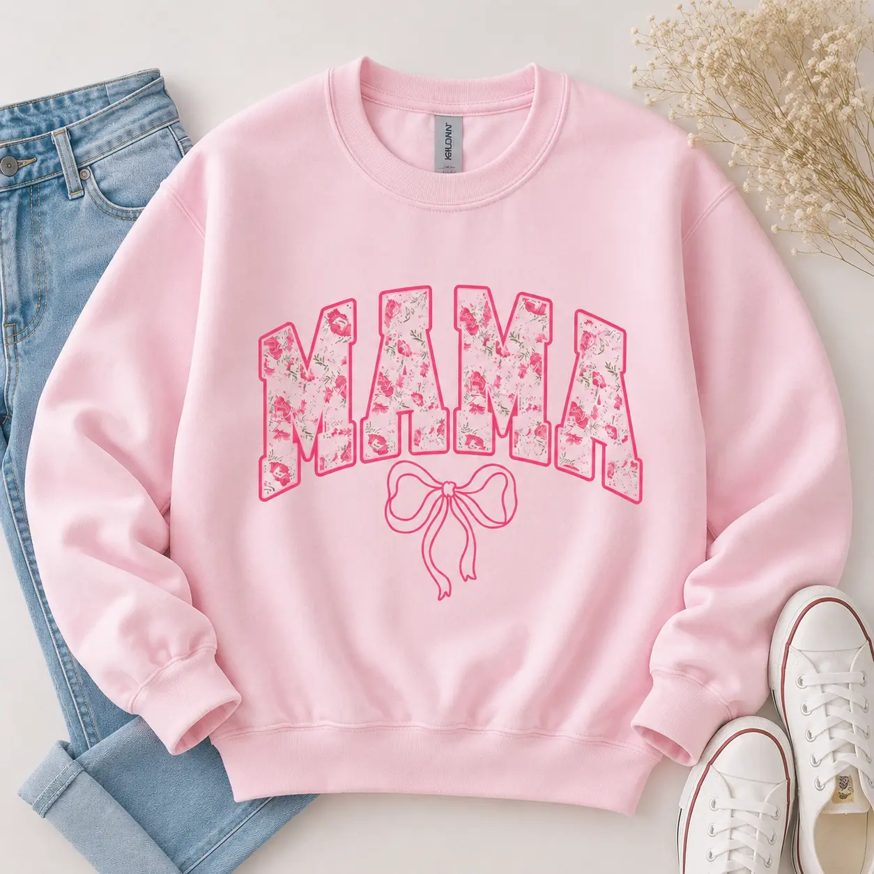 Women's Cotton Casual Printed Crew Neck Sweatshirt & Tshirt - Mama-Themed, Pink Bows, Coquette, Soft Girl Era Trend, Girly, Mother's Day Gift Tops