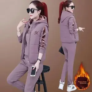 Thickened Fleece Women's Hoodie Set Purple Autumn Outerwear Large Size Warm Fashionable Three-piece Set Polyester Fiber