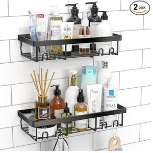 Shower Caddy Shelf Organizer Rack, Self Adhesive Black Bathroom Shelves Basket, Home Farmhouse Wall Inside Organization and Storage Decor Rv Accessories, First Camper Apartment Essentials