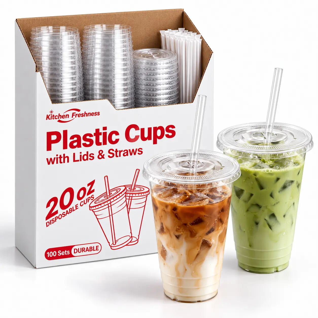100-Pack PET Disposable Plastic Cups with Lids and Straws, 16-24oz Kitchen Freshness To-Go Cups for Iced Coffee, Picnics