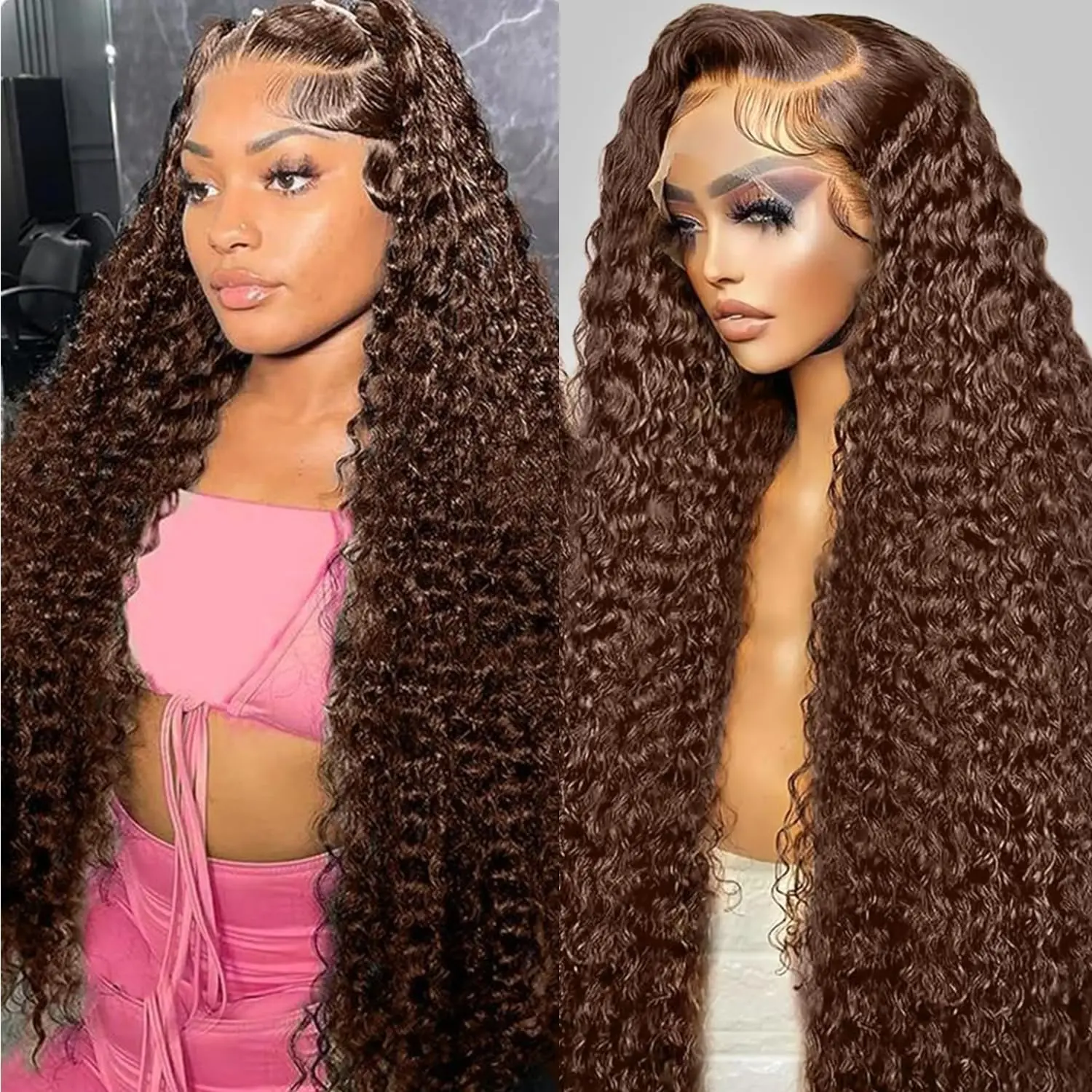 13x6 Deep Wave Lace Front Wigs Human Hair Chocolate Brown 180 Density HD Lace Front Wigs Human Hair Curly Wig Pre Plucked Human Hair  Frontal Wigs