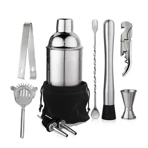 9 pcs Stainless Steel Cocktail Shaker Bartending Tools Bartender Kit Martini Sharker Drink Mixer Set With Storage Bag Utensils